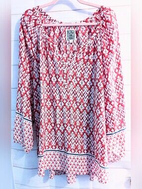 ❤️ 🆕 Beachlunchlounge Red and White Printed Boho Tunic Plus Size 3X
